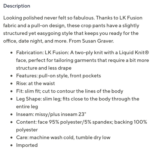 Navy Blue Susan Graver Reg LK Fusion Pull-On Crop Pants Navy Sz L - Picture 10 of 10